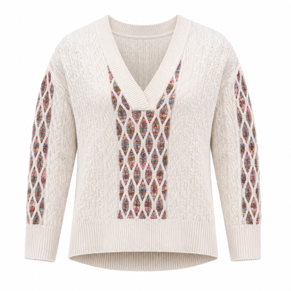 Room 34 Cream Cable Knit V-Neck Sweater Diamond Lattice‎ Wool Blend XS cottage